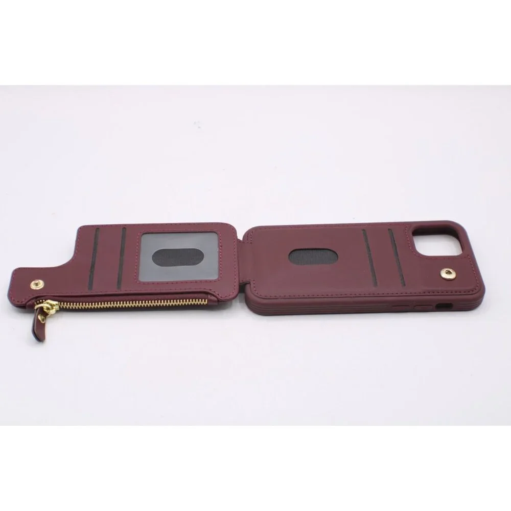 iPhone 12 Wallet Phone Case Zip Pocket Card Holders Burgundy Wine Protective NEW
